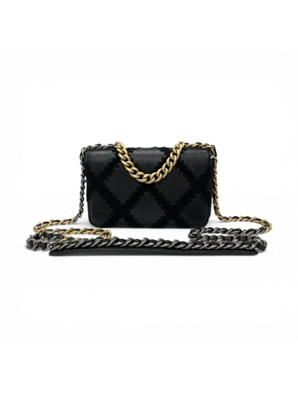 Chanel Shoulder Bag Black Gold Silver 19 CC Logo Crochet Chain Wallet